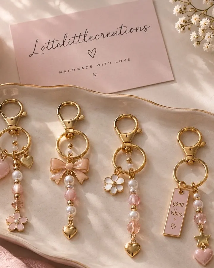 Sleutelhangers met parels en strikjes op een schaaltje, naast een kaartje van Lottelittlecreations